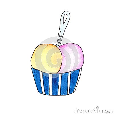 Ice cream pink and yellow balls in a striped bucket with a spoon. Cartoon Illustration