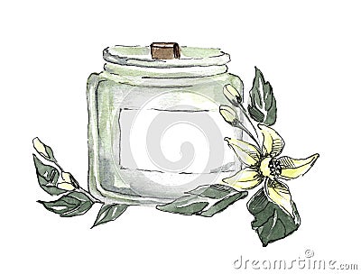 Hand drawn watercolor illustration of a typical scented wax candle Cartoon Illustration