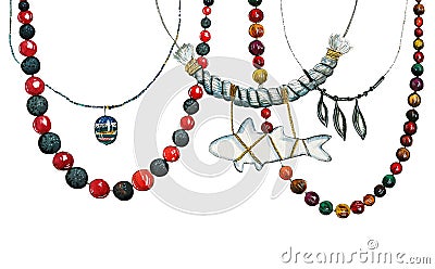 Hand drawn watercolor illustration with women round beads and necklaces Cartoon Illustration