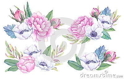 Hand drawn watercolor illustrations. Bouquets with spring leaves Vector Illustration