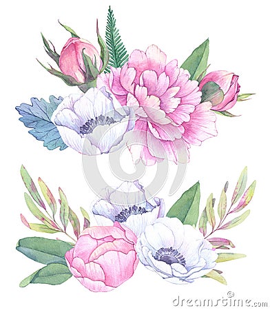 Hand drawn watercolor illustrations. Bouquets with spring leaves Vector Illustration