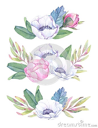 Hand drawn watercolor illustrations. Bouquets with spring leaves Vector Illustration