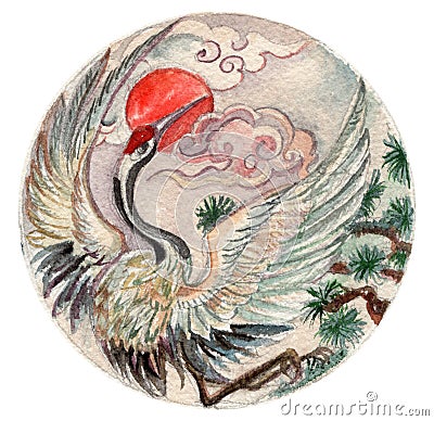 Hand drawn watercolor Japanese Red-crowned Crane or The Kushiro tattoo Stock Photo