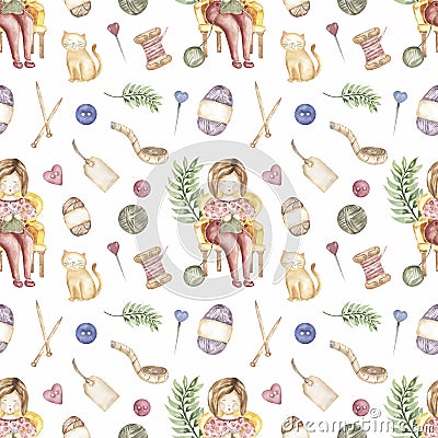 Hand-drawn watercolor knitting elements repeat paper. crafts and Hobbies seamless pattern:the girl knits on needles with cat Stock Photo