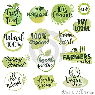 Hand drawn watercolor labels and badges for organic food Vector Illustration