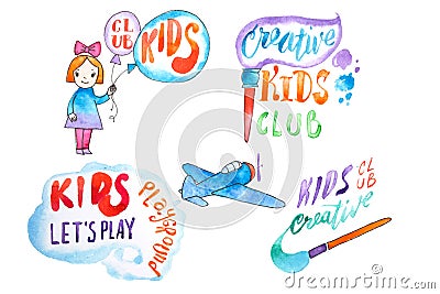 Hand-drawn watercolor logo set for kids club. Collection of promotional symbols for playground and entertaining center Stock Photo