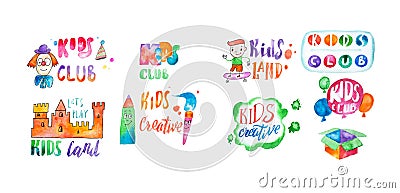 Hand-drawn watercolor logo set for kids club. Collection of promotional symbols for playground and entertaining center Stock Photo