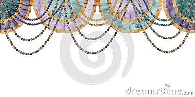 Hand drawn watercolor Mardi Gras carnival symbols. Garland festoon pelmet bead drape pearl strings, gold purple green Stock Photo