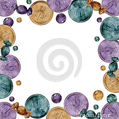 Hand drawn watercolor Mardi Gras carnival symbols. Rex coin doubloon throw, fleur de lis, glass beads baubles bonbons Stock Photo