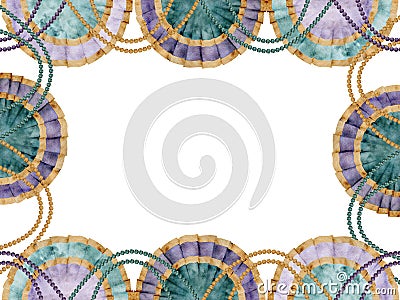 Hand drawn watercolor Mardi Gras carnival symbols. Textile festoon pelmet drape garland, glass bead pearl strings Stock Photo