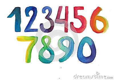 Hand drawn watercolor numbers in rainbow colors Stock Photo