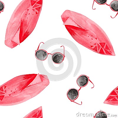 Watercolor pattern with palm girl with surf, surf, cocktail, coconut, shell, sunglasses. Stock Photo