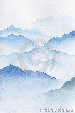 Hand drawn watercolor painting of blue foggy mountains Stock Photo