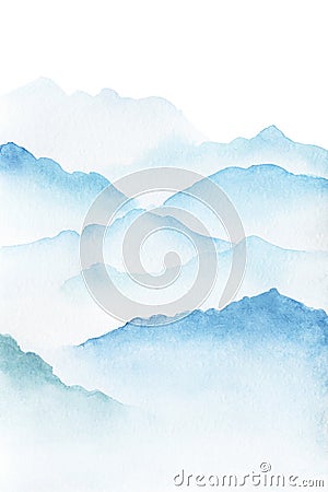 Hand drawn watercolor painting of blue foggy mountains Stock Photo