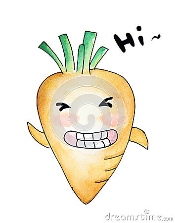 Hand drawn watercolor painting of happy carrot vegetable cartoon character smiling Stock Photo