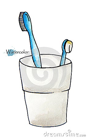 Hand drawn watercolor painting of Two toothbrushes in a glass. Stock Photo