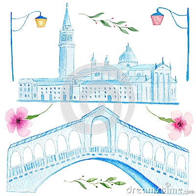 Hand drawn watercolor painting of venetian Rialto bridge and Saint Mark square Stock Photo