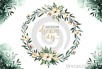 Hand drawn watercolor paintings greenery leaves and flower wreaths. Boho style green and gold. illustration isolated on Cartoon Illustration