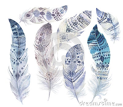 Hand drawn watercolor paintings vibrant feather set. Boho style Cartoon Illustration