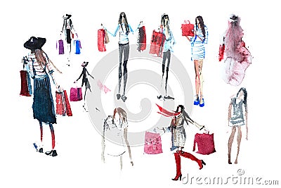 Hand drawn watercolor people with shopping bags. Fashion, sale. Stock Photo