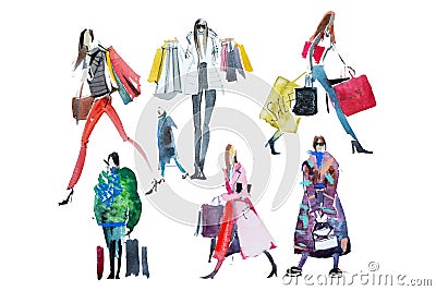 Hand drawn watercolor people with shopping bags. Fashion, sale Stock Photo