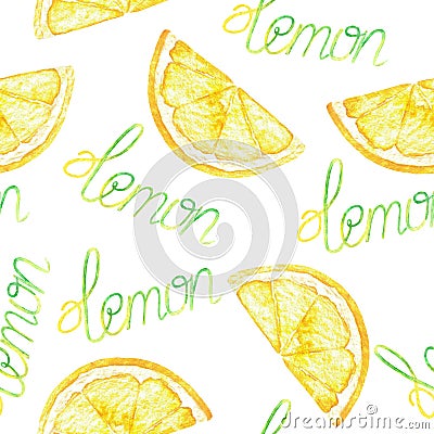 Hand drawn watercolor piece of juicy ripe yellow slices of lemon fruit with written word 