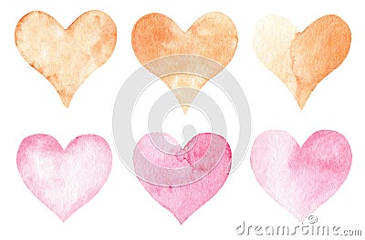 Hand drawn watercolor pink and orange heart set. Cute hearts collection isolated on white background. Stock Photo