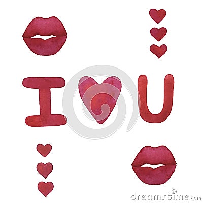 Hand drawn watercolor red hearts and lips with letters Stock Photo