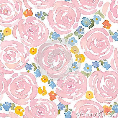 Hand drawn watercolor roses and cute little flowers seamless pattern. Vector Illustration