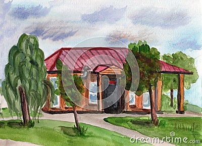 Hand drawn watercolor rural sketch. Brown wooden house in village Stock Photo