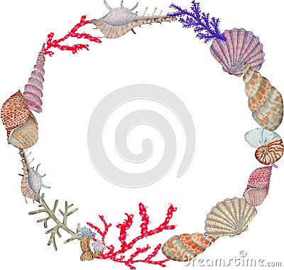 Hand drawn in watercolor sea world natural element. Corals reef shell frame on white background Stock Photo