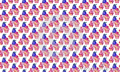 Hand drawn watercolor seamless background with cupcake and cake. Romantic concept. Background for textiles, packaging, Wallpaper. Stock Photo