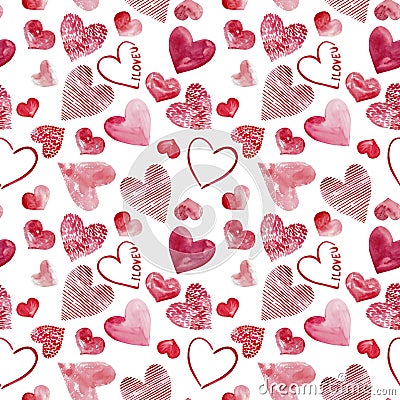 Happy Valentine`s Day watercolor hearts background illustration. Seamless pattern Stock Photo