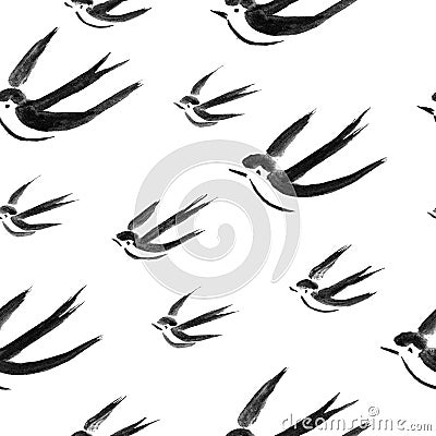 Hand-drawn watercolor seamless pattern with bird swallow drawing. Repeated background with birds swallows. Vector Vector Illustration