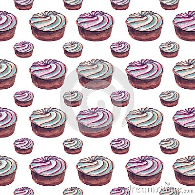 Hand drawn watercolor seamless pattern with color cream tart cake on white background Stock Photo