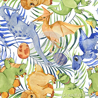 Hand drawn watercolor seamless pattern with cute dinosaurs and tropical leaves. Stock Photo