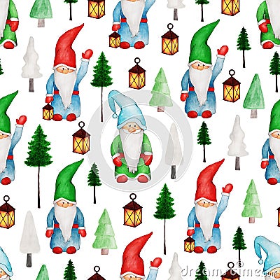 Hand drawn watercolor seamless pattern of cute gnome, Christmas tree, lamp. Happy New Year and Christmas clipart illustration for Cartoon Illustration