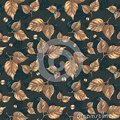 Hand-drawn watercolor seamless pattern with golden beautiful leaves Stock Photo