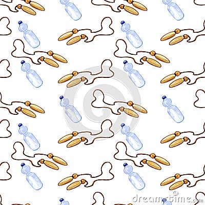 Hand drawn watercolor seamless pattern with jump rope and bottle with water on white background. Stock Photo