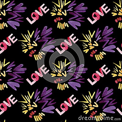 Love seamless pattern. Disco night. Abstract background. Puple and yellow colors and love lettering. Stock Photo