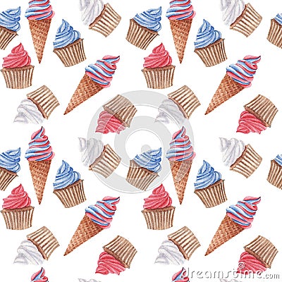 Watercolor seamless pattern with red, blue and white cupcakes and ice cream Stock Photo