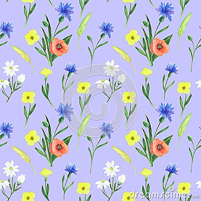 Watercolor seamless pattern of meadow flowers on a blue background. Stock Photo