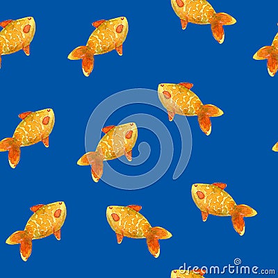 Hand drawn watercolor seamless pattern of tropical fish on the dark blue background. Stock Photo