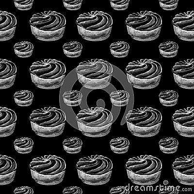 Hand drawn watercolor seamless pattern with white cream tart cake on black background Stock Photo