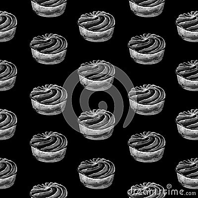 Hand drawn watercolor seamless pattern with white and gray cream tart cake on black background Stock Photo