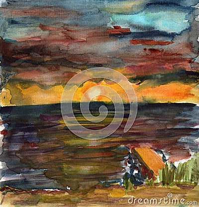 Hand drawn watercolor seascape. Bright sunset. Dark cloudy and stormy sky. Sea and ocean landscape. For postcards and posters. Wal Stock Photo