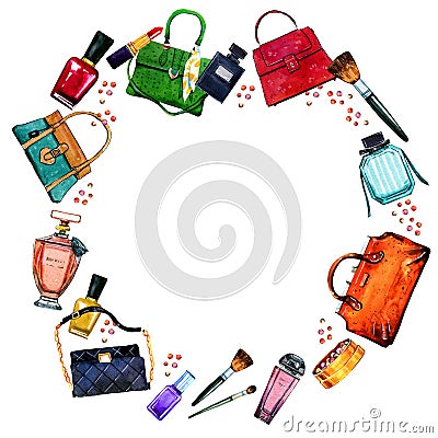 Hand drawn watercolor set of colorful stylized female bags, perfumes and cosmetics in round frame Stock Photo