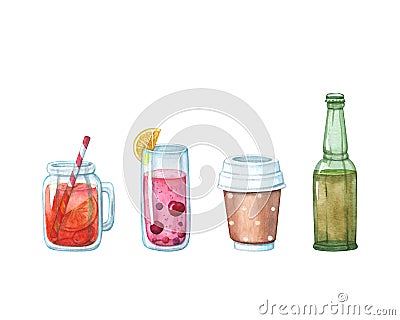 Set of juices or cocktails, coffee and beer bottle Cartoon Illustration