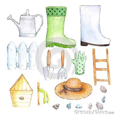 Hand drawn watercolor set of garden tools, watering can, wellington boots isolated on white background. Scrapbook, label, postcard Stock Photo