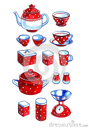 Hand drawn watercolor set of retro red kitchenware Cartoon Illustration